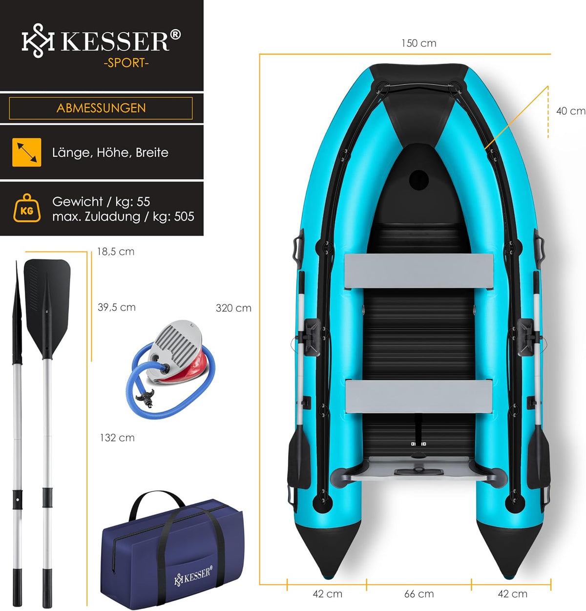 KESSER® Bote neumático Wave 230-320 cm Set de 6 piezas inflable – Bote + banco, bomba de aire, remos, kit de reparación, bolsa, bote de pesca, bote de remos pequeño y grande - compatible con motor, apto para agua salada