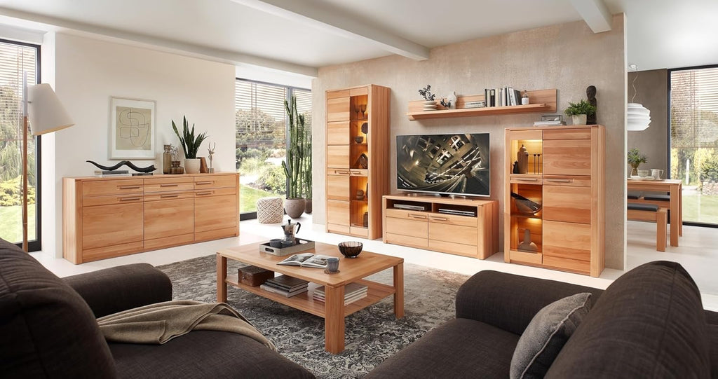 Mueble para TV möbelando >Nature One<, mueble bajo para TV en haya maciza (parcialmente), certificado FSC - Mueble de TV moderno con mucho espacio de almacenamiento para su salón - 131 x 58 x 45 cm (ancho/alto/fondo)