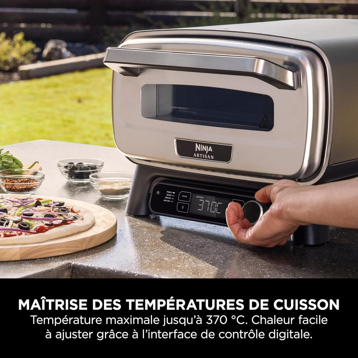Ninja Woodfire Horno para pizza y freidora de aire eléctrica para exteriores, con 4 funciones: Pizza, Freír sin aceite, Hornear, Fermentar, Incluye piedra, pala, bandeja, cesta para freír, Gris MO201EU