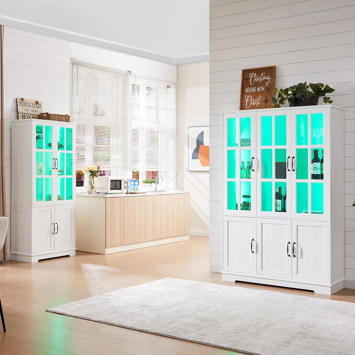 LUXOAK Vitrina con iluminación LED y tiradores retro, armario alto blanco de 180 cm, 6 puertas con ventanas acrílicas y 8 estantes, armario moderno para salón y cocina