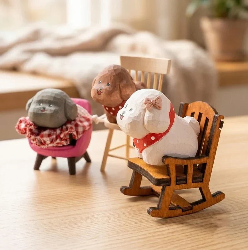 Adornos de madera tallados a mano de gatos y perros, decoración rústica para el hogar estilo bohemio de granja para escritorio