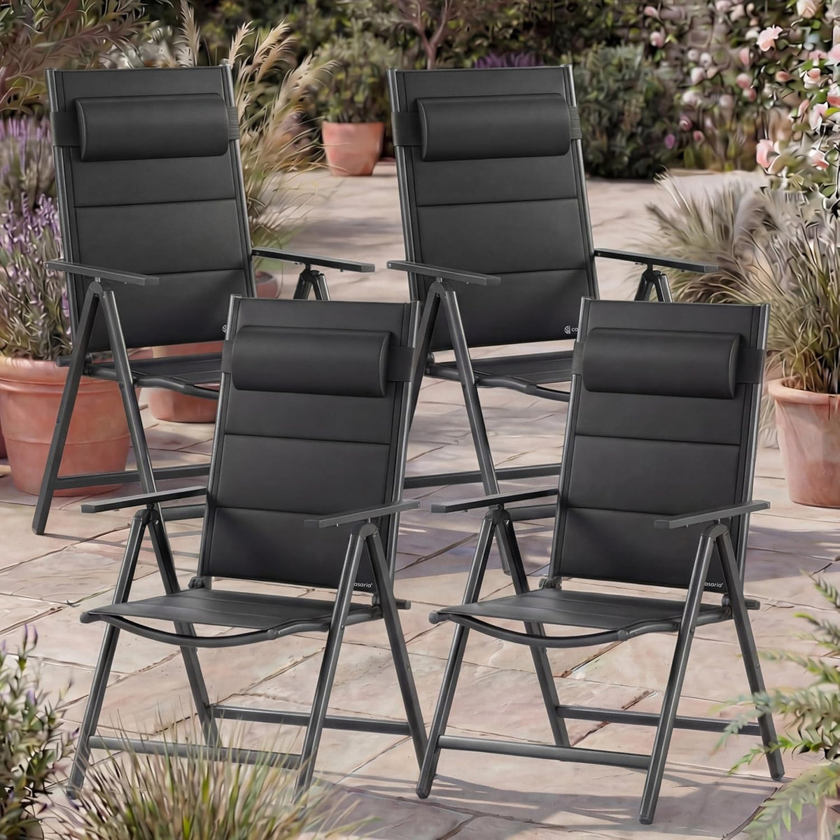 Juego de 4 sillas de jardín plegables Casaria®, acolchadas, de aluminio, ajustables en 8 posiciones, capacidad de carga de 120 kg, resistentes a la intemperie, para exterior, balcón, camping, con respaldo alto.