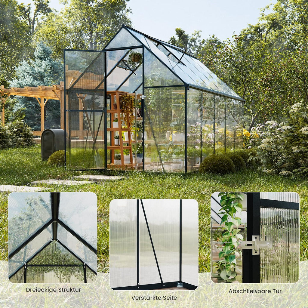 Invernadero de policarbonato ALAULM 175x281x195cm, con puerta con cerradura, techo a dos aguas, ventana de ventilación y canalones, resistente a la intemperie para terraza y jardín (negro)