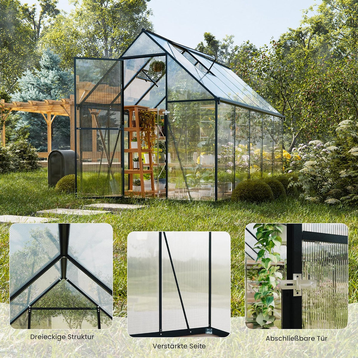 Invernadero de policarbonato ALAULM 175x281x195cm, con puerta con cerradura, techo a dos aguas, ventana de ventilación y canalones, resistente a la intemperie para terraza y jardín (negro)