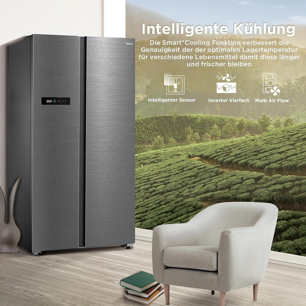 Midea KS-DDX 6.32 WT Frigorífico americano / 178,8 cm de altura / 254 kWh/año / No Frost / Compresor Dual Inverter / con dispensador de agua/hielo 3 en 1 y depósito de agua, Dark Inox