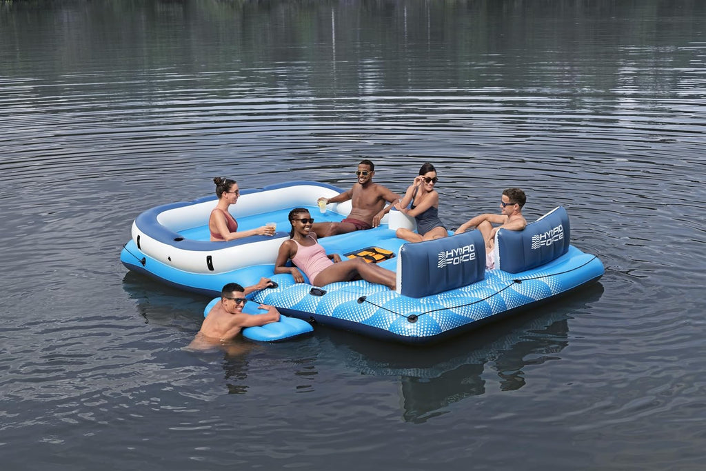Isla flotante Tropical Breeze 43105 para 6 personas de 389 x 274 cm con toldo, bolsa térmica, 6 posavasos y parche de reparación