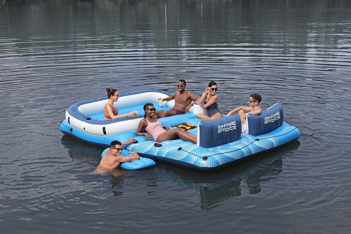 Isla flotante Tropical Breeze 43105 para 6 personas de 389 x 274 cm con toldo, bolsa térmica, 6 posavasos y parche de reparación