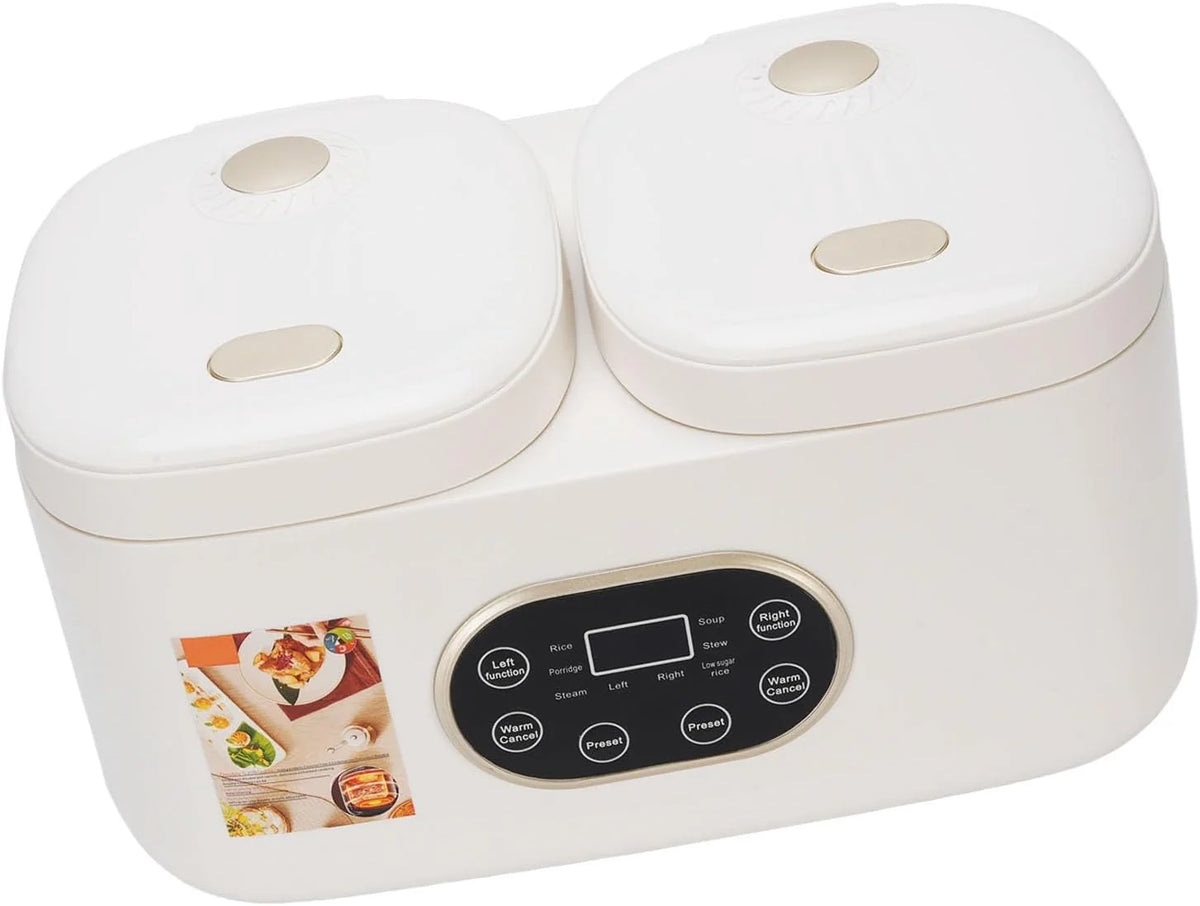 Cocoarm Podwójna Wolnowarowa Kuchenka do Gotowania Ryżu z 2 Wyjmowanymi Garnkami Ceramicznymi 2 L i L Wysuwanymi Pokrywkami Timer Utrzymujący Ciepło Wielofunkcyjny Serwer w Formie Bufetu na