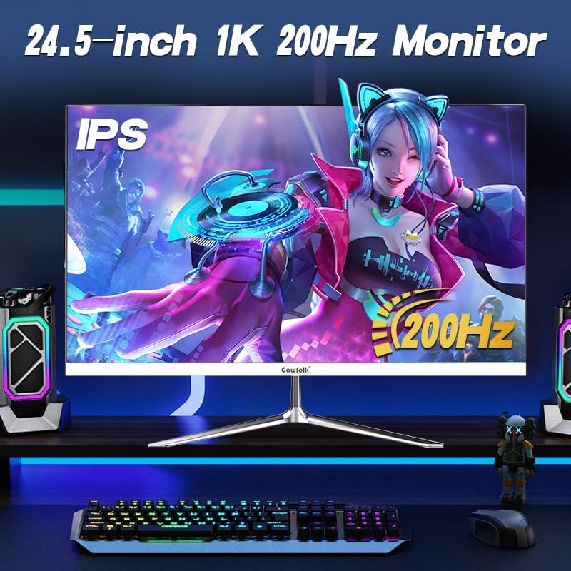 Monitor para PC Gawfolk de 24.5 pulgadas Full HD (1920x1080), 200Hz, 1ms, 3000R Eye Care y FreeSync, compatible con VESA: ¡el monitor para PC ideal! HDMI, DP, protección ocular, inclinable, VESA 75x75