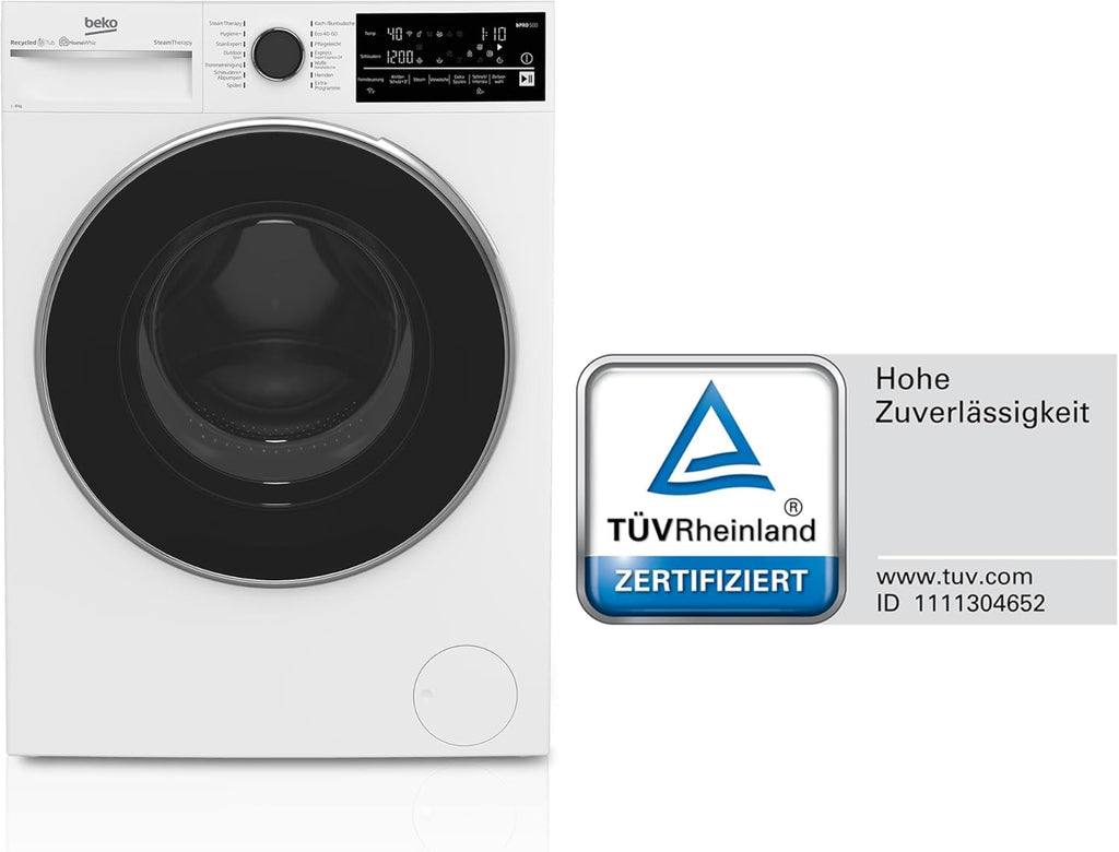 Lavadora Beko 8 kg, Stiftung Warentest BIEN (1,9)*, 1400 rpm, función de vapor SteamCure, tambor protector AquaWave, programa StainExpert, B5WFT78410W, blanco