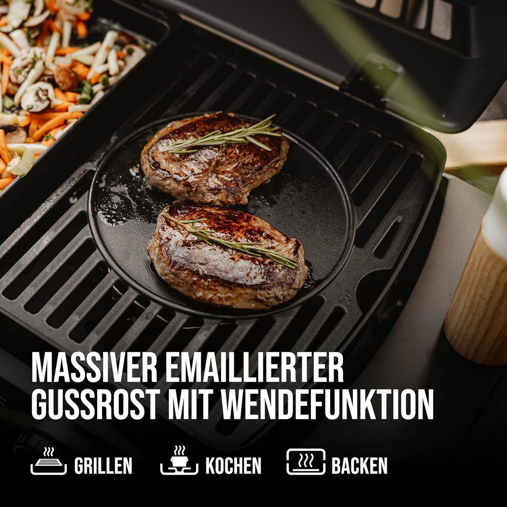 EndersGasgrill Urban II Pro, parrilla de mesa, función de asado, cocción y horneado, 2 quemadores de acero inoxidable, con termómetro para parrilla, parrilla para balcón y camping, carcasa de aluminio fundido, rejilla de hierro fundido, #2062