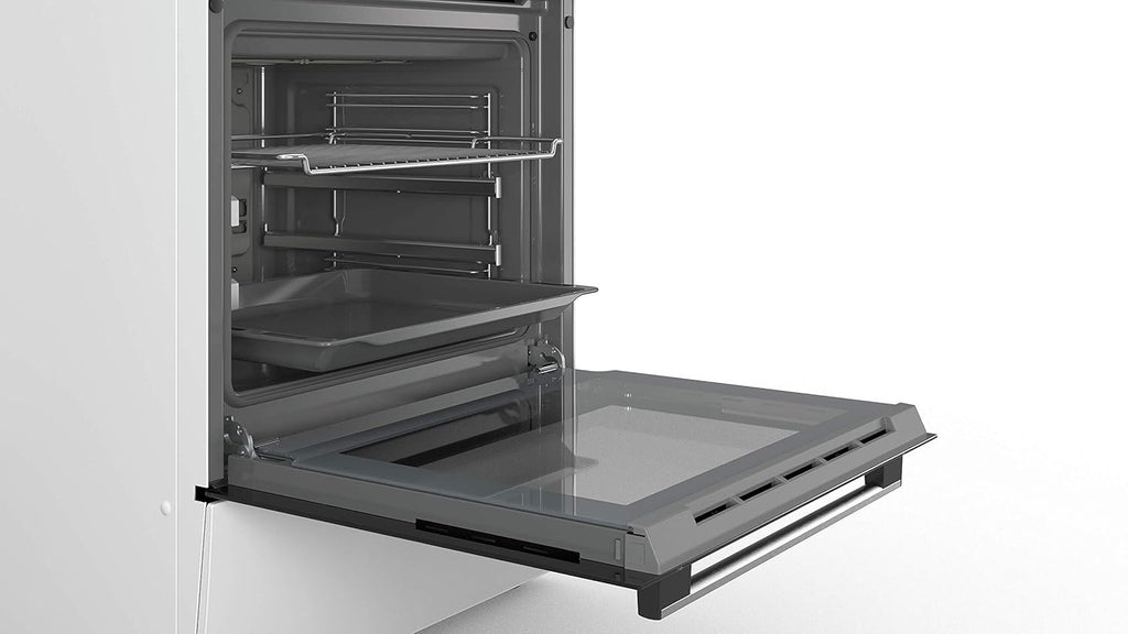 Cocina eléctrica de libre instalación Bosch Serie 4 HKR39C250, 60 cm de ancho, asistente de limpieza EcoClean Direct, aire caliente 3D para hornear en 3 niveles, control por pantalla LED, zona de cocción ampliable para recipientes grandes