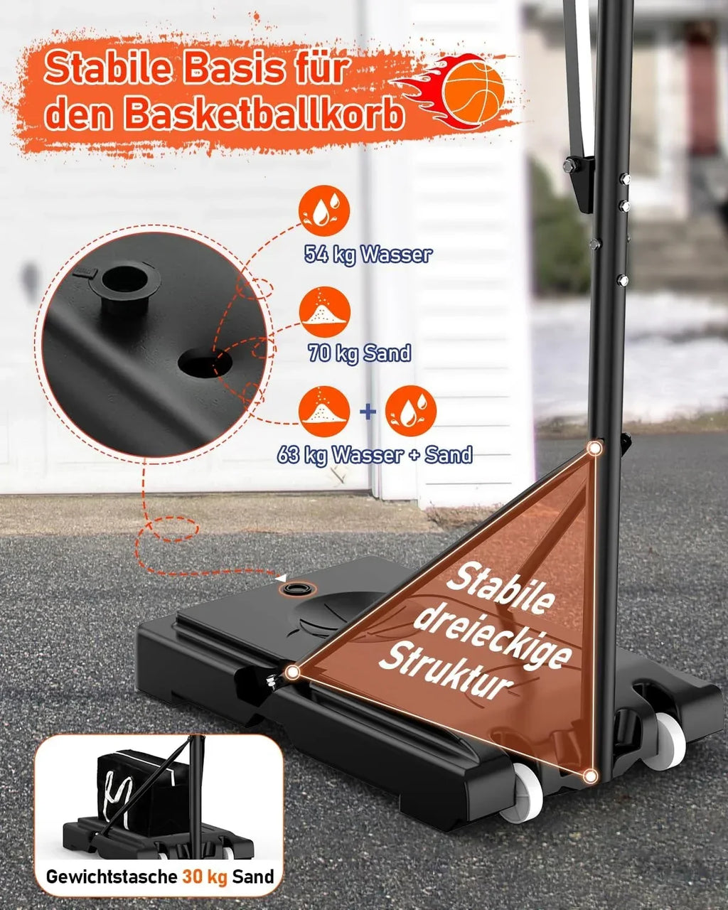 Canasta de baloncesto para exterior, ajustable en altura de 145 a 305 cm, tablero de 110x75 cm, con saco de lastre, soporte LM052