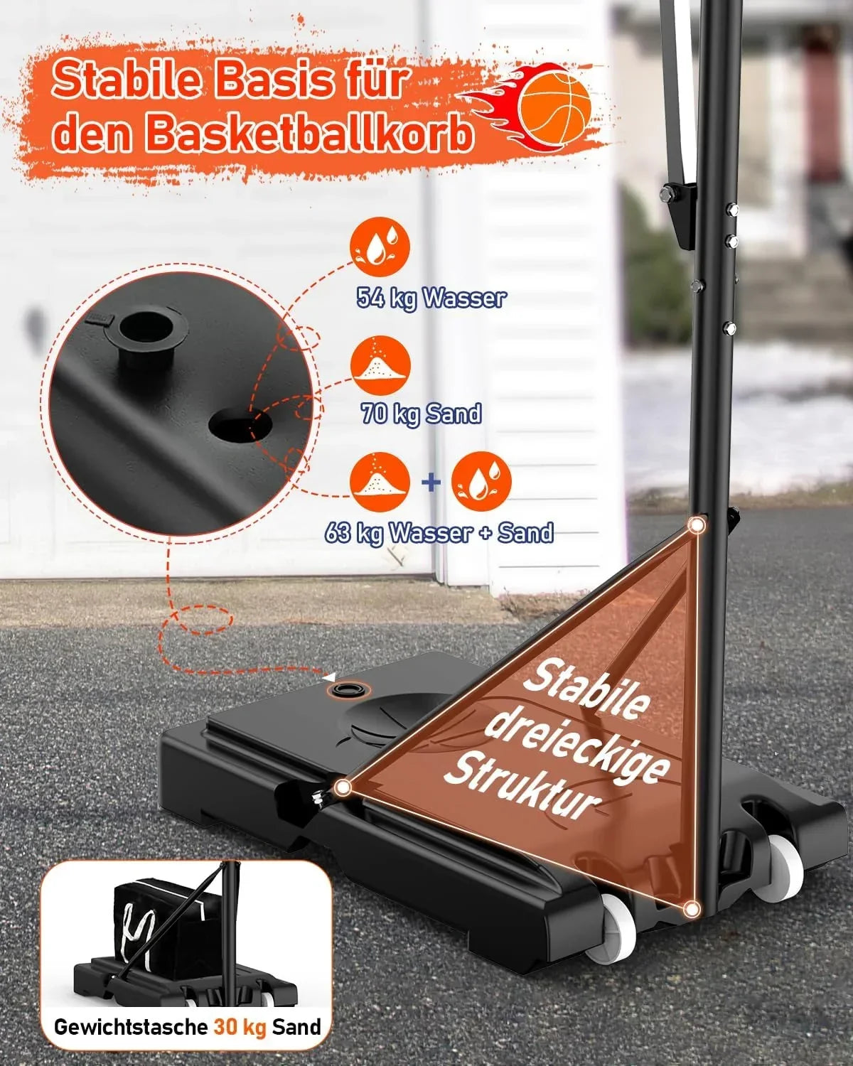 Canasta de baloncesto para exterior, ajustable en altura de 145 a 305 cm, tablero de 110x75 cm, con saco de lastre, soporte LM052