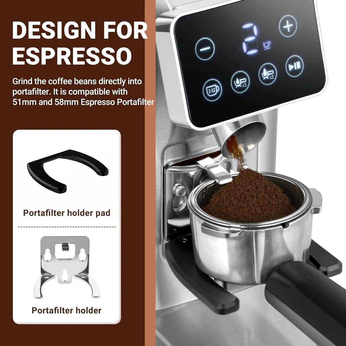 AMZCHEF Elektryczny młynek do kawy ze zdejmowanym uchwytem na sitko i pojemnik, młynek do kawy, z 24 stopniami mielenia, regulowany do espresso/Drip/Pour Over/Cold Brew/French Press