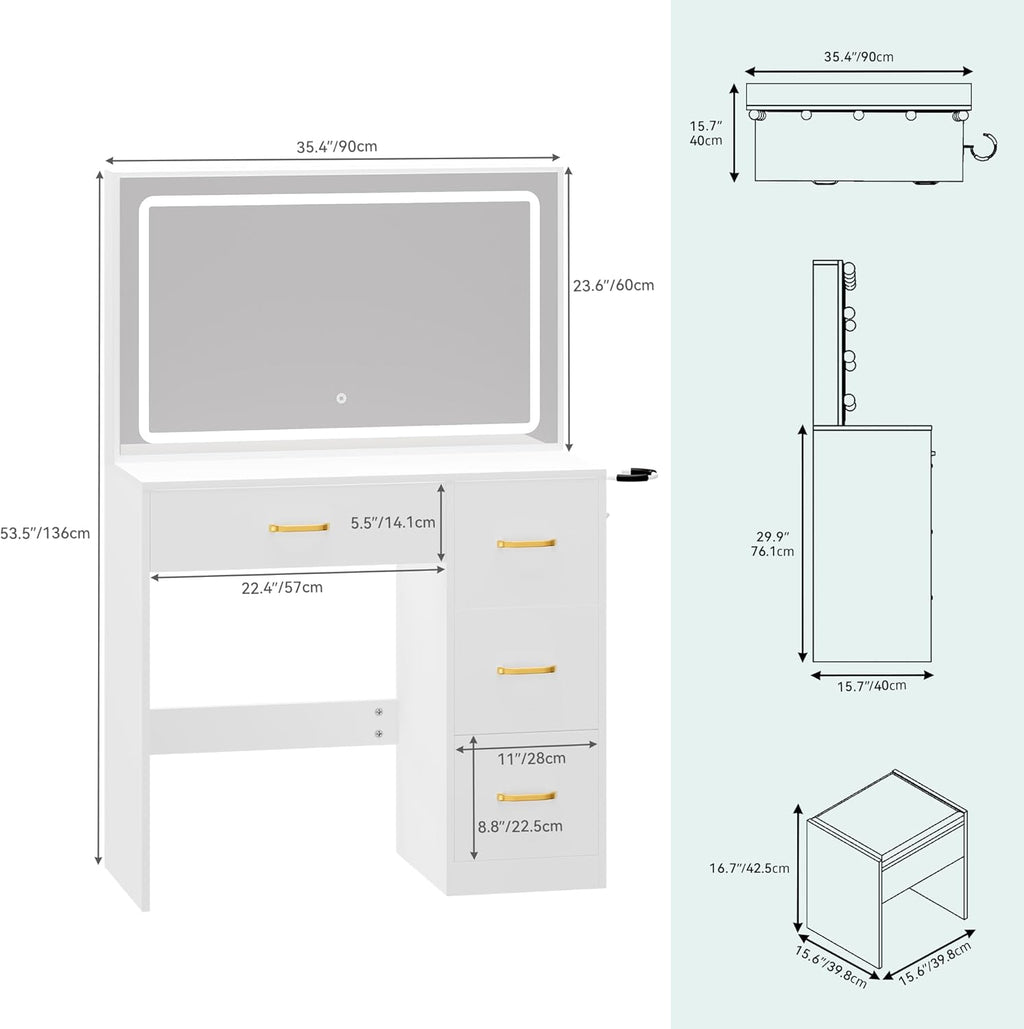 Tocador YITAHOME con espejo, mesa de maquillaje con 4 cajones, iluminación, toma de corriente, blanco (tocador, mesa de cosméticos)