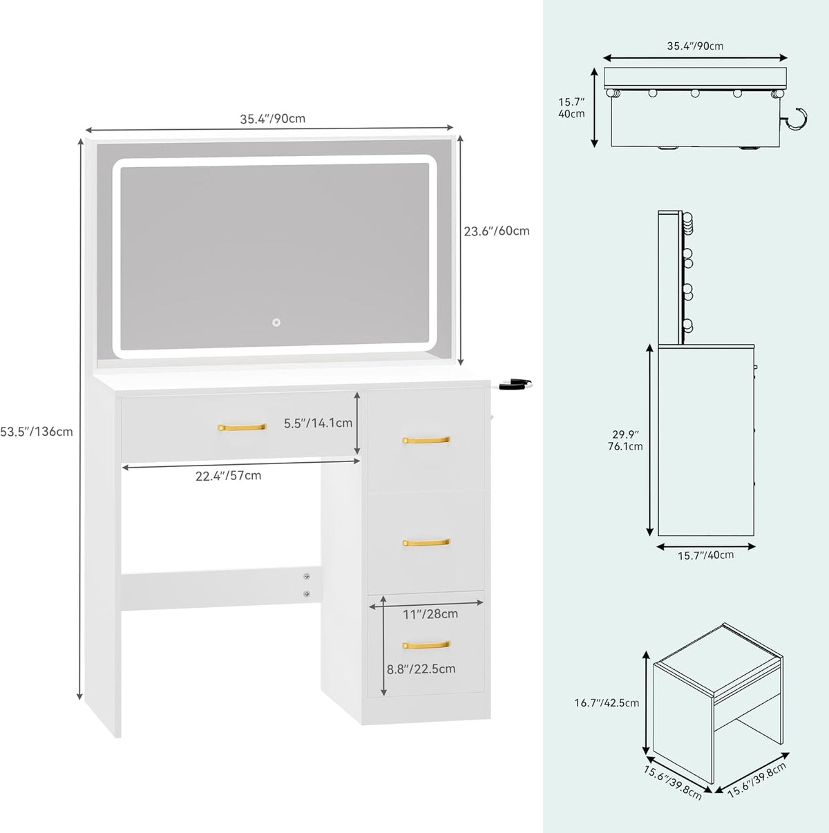 Tocador YITAHOME con espejo, mesa de maquillaje con 4 cajones, iluminación, toma de corriente, blanco (tocador, mesa de cosméticos)