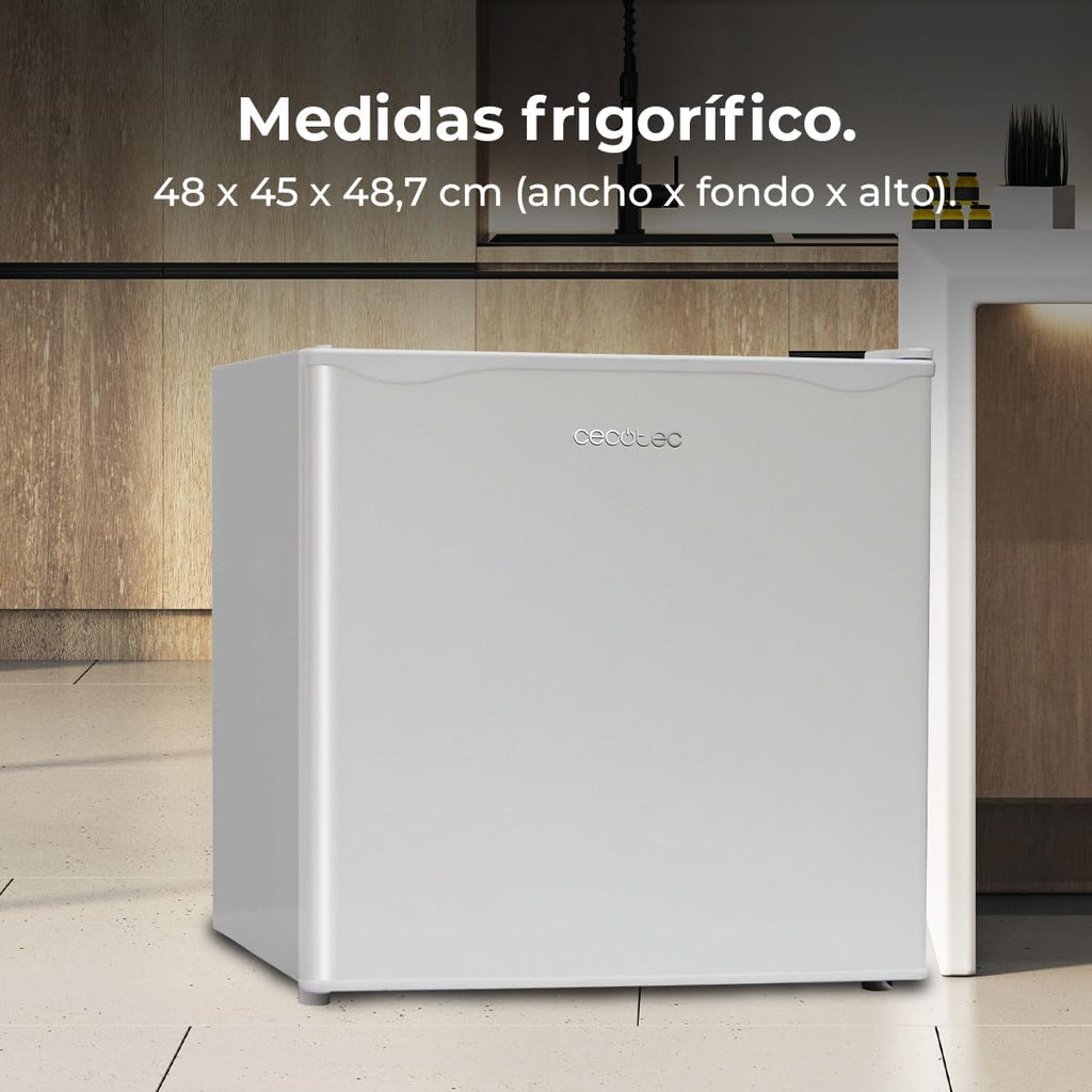 Mini refrigerador Cecotec GrandCooler 20000 L SilentCompress White E. Capacidad de 46 L, puerta personalizable, clase energética E, compacto de 48x45x48,7 cm. ¡Ideal para espacios pequeños!
