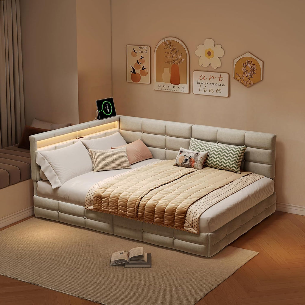 Cama tapizada doble, sofá cama de 140x200 con 2 cajones de almacenamiento, cama juvenil con USB, cama con almacenamiento, cama funcional con somier de láminas, cama infantil con cabecero LED, sin colchón (beige + lino)