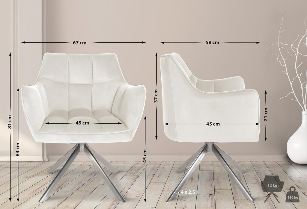 CLP Silla de comedor Swing con tapizado de terciopelo I Silla acolchada giratoria I Silla de cocina con respaldo, color: crema, color de la estructura: acero inoxidable