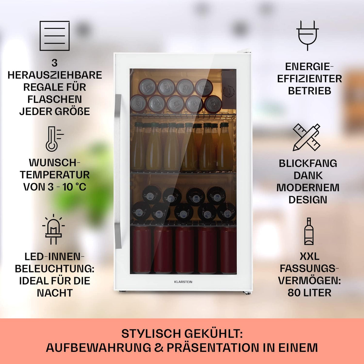 Mininevera Klarstein con puerta de cristal para habitaciones, refrigerador de bebidas con estantes ajustables, pequeño de 80 litros, frigorífico silencioso para interiores/exteriores