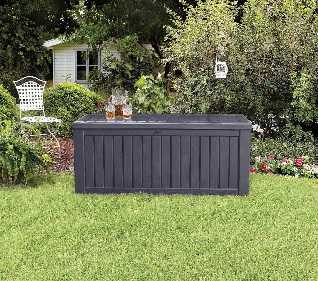 Caja de almacenamiento para jardín de 570 litros, arcón para cojines con ventilación, aspecto de madera, resistente a la intemperie y con pistón de gas