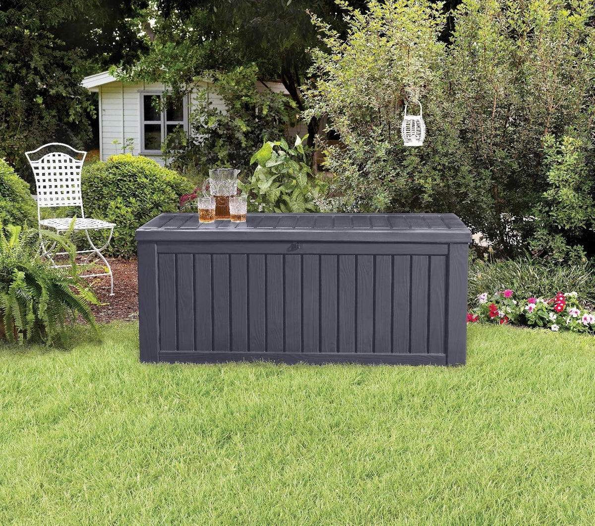 Caja de almacenamiento para jardín de 570 litros, arcón para cojines con ventilación, aspecto de madera, resistente a la intemperie y con pistón de gas