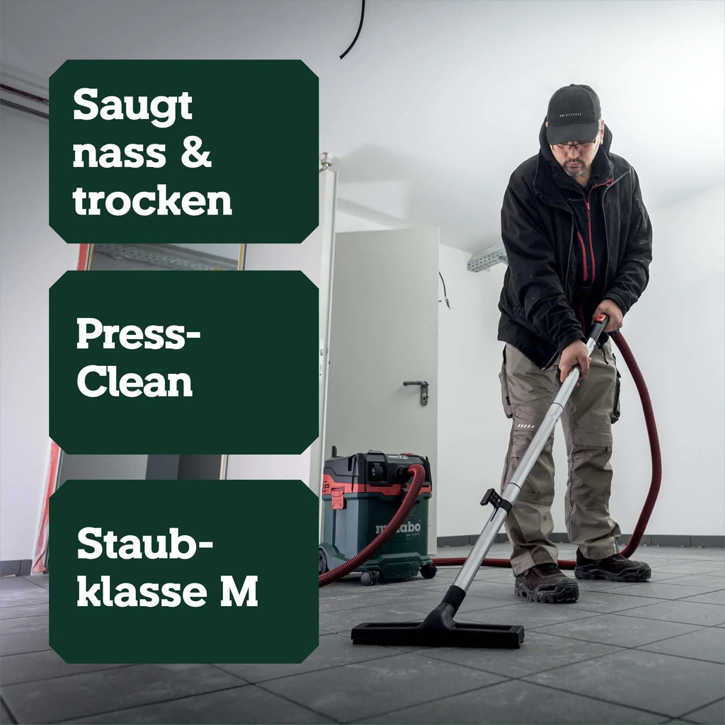 Aspirador universal metabo ASA 30 M PC, 1200 W, clase de polvo M, cable de 8 m, 30 l, manguera antiestática, limpieza de filtro, accesorios