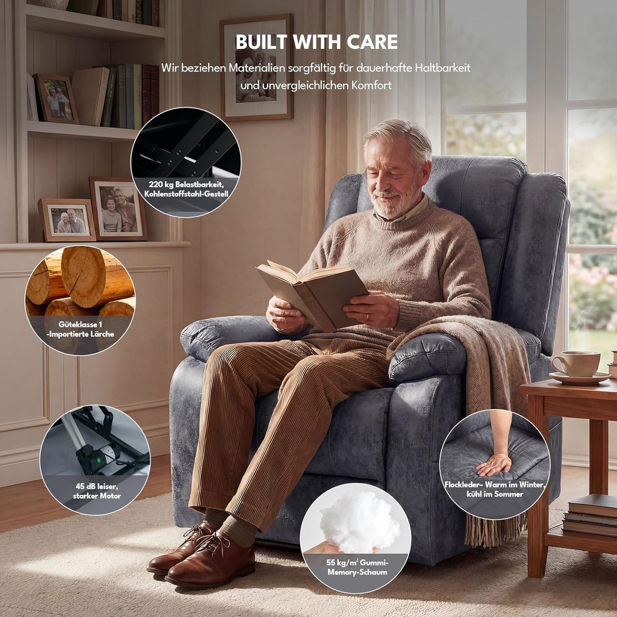 Sillón relax eléctrico con función de levantamiento, sillón de masaje con función de calor, función reclinable, control remoto ajustable, función de descanso y reposapiés, hasta 220 kg, cuero flocado gris oscuro