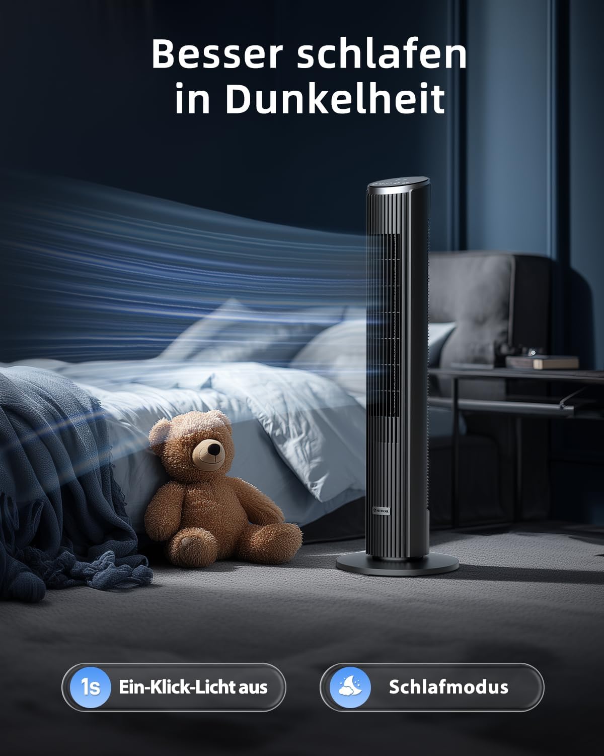 Ventilador de torre silencioso Ateroll para dormitorio, ventilador de pie con control remoto, oscilación de 90°, 4 velocidades, 3 modos, temporizador de 12 h, pantalla LED, ventilador eléctrico de refrigeración de 91 cm, negro