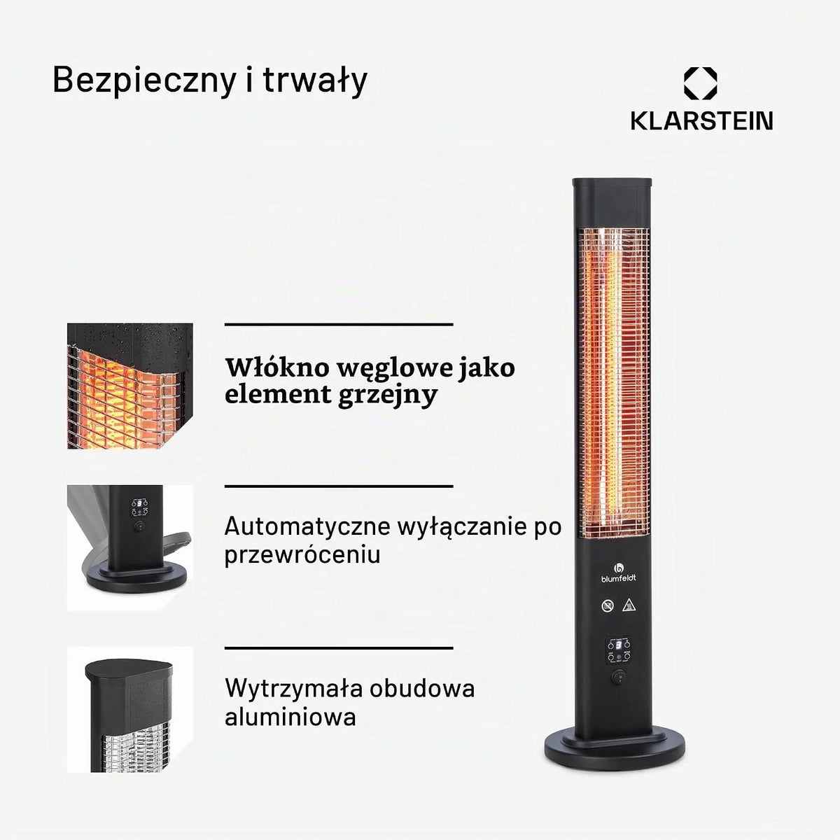 Klarstein Ogrzewanie na podczerwień, Ogrzewanie wolnostojące, Bezpieczny grzejnik z zabezpieczeniem przed przewróceniem, Energooszczędne z IP65, Promiennik tarasowy, 1200 W
