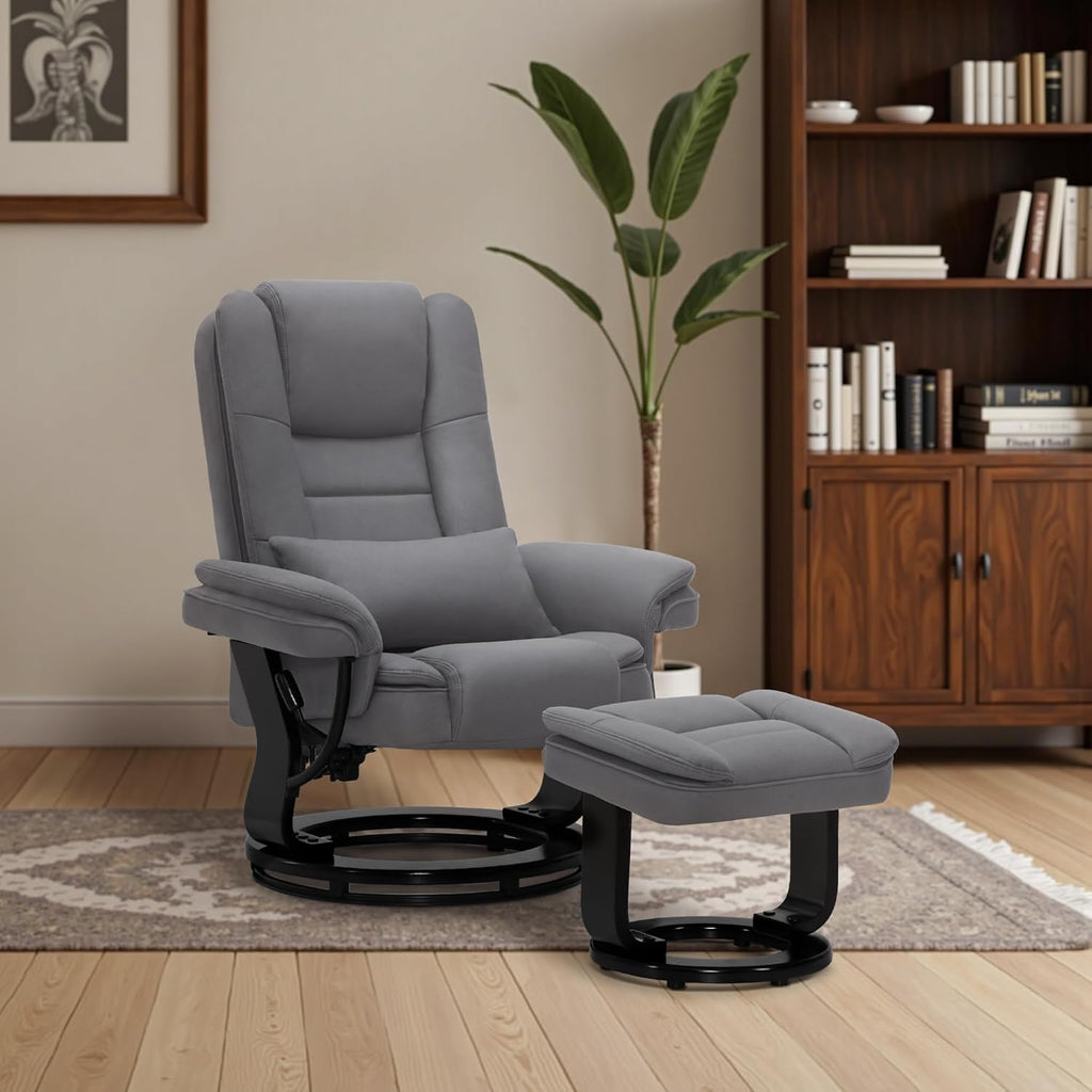 MCombo Sillón relax con función reclinable, sillón de lectura, sillón de TV giratorio 360°, con taburete, cojín y bolsillo lateral, sillón de TV para salón con capacidad de carga de hasta 120 kg, 9099 (microfibra, gris)