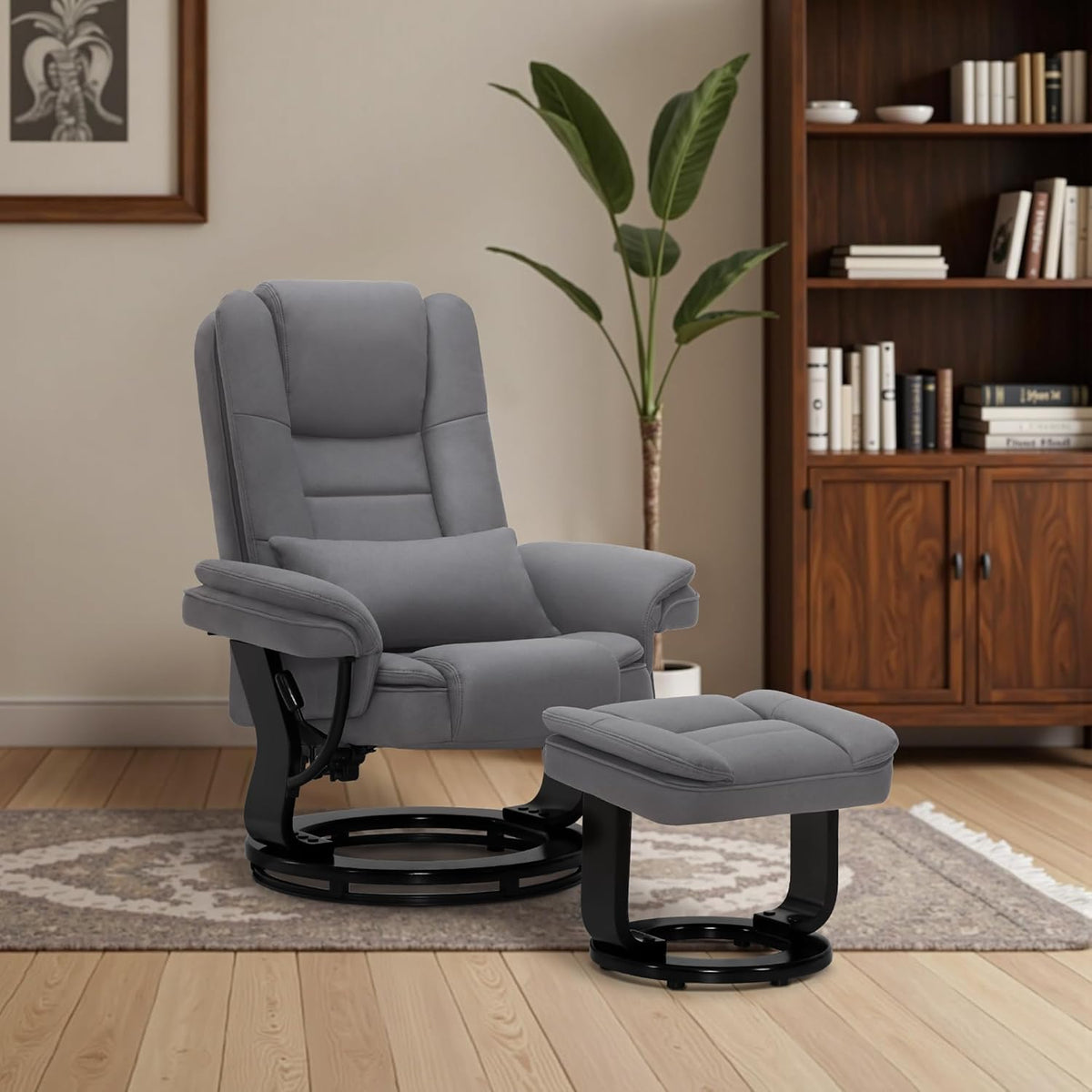 MCombo Sillón relax con función reclinable, sillón de lectura, sillón de TV giratorio 360°, con taburete, cojín y bolsillo lateral, sillón de TV para salón con capacidad de carga de hasta 120 kg, 9099 (microfibra, gris)