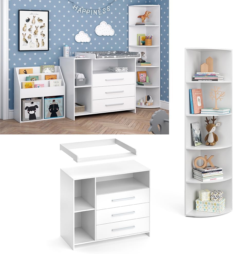 Juego de habitación infantil Vicco Oskar, blanco, 2 piezas, con cambiador y estante para juguetes, convertible en cómoda normal tras retirar el cambiador