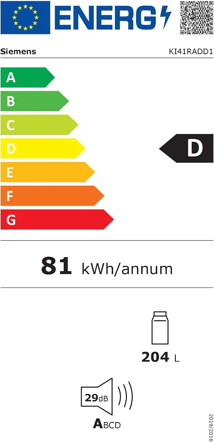 Siemens KI41RADD1 iQ500, lodówka do zabudowy, wnęka 122,5 x 56 cm, 204 l, wyprodukowano w Niemczech, bardzo cicha praca, hyperFresh Box, dłuższe oświetlenie LED, superCooling, autoAirflow, zawias
