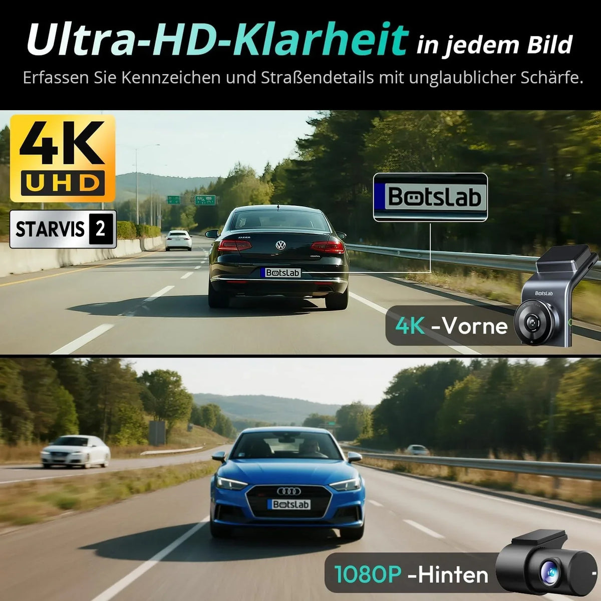 Cámara de salpicadero 4K para coche, doble cámara delantera y trasera con sensor STARVIS 2, WDR, GPS, Wi-Fi, control por voz y tarjeta SD de 64 GB