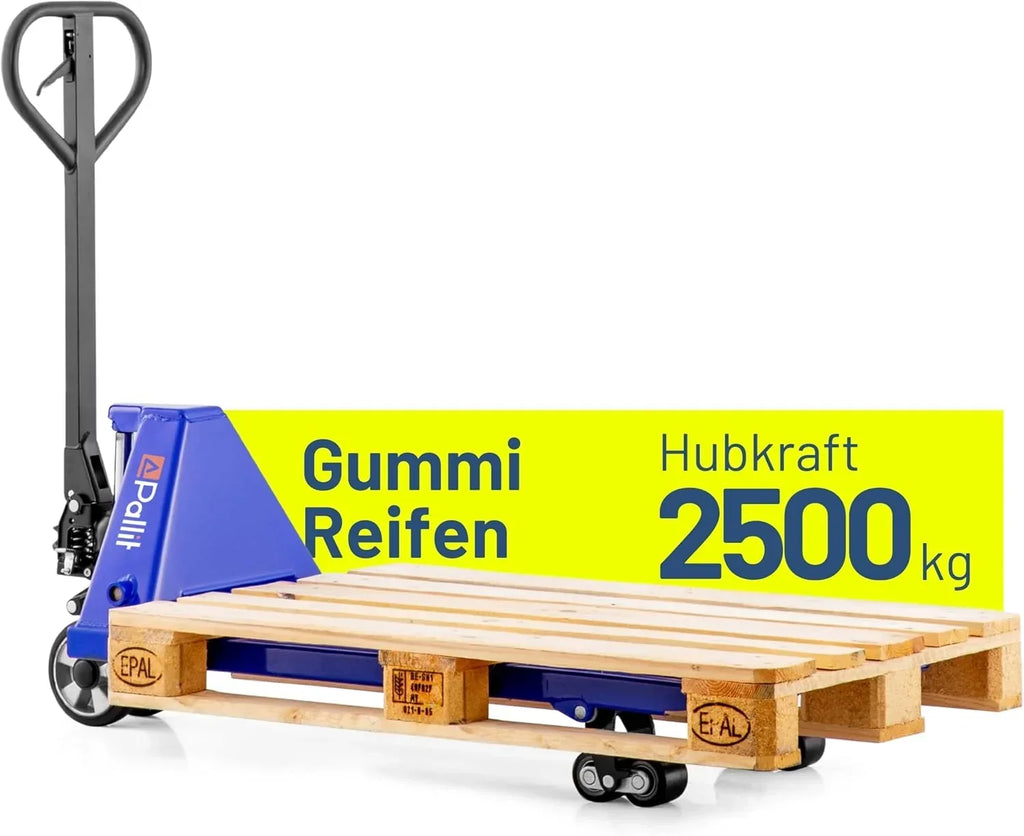 Transpaleta manual FIVE, capacidad de carga de 2500 kg, longitud de horquilla de 1150 mm, bastidor de acero, ruedas de goma, transpaleta para europalets