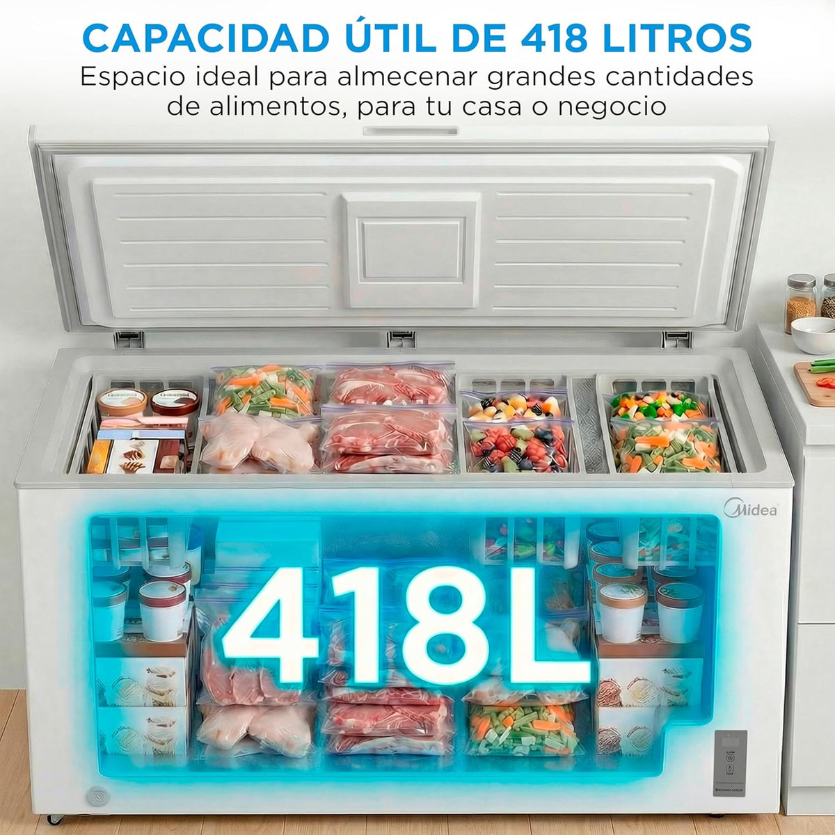 Congelador horizontal pequeño MIDEA de 418 L | Congelador arcón convertible a frigorífico con motor inverter, control electrónico de temperatura, cestas con asa | Arcón silencioso de 41 dB y bajo consumo
