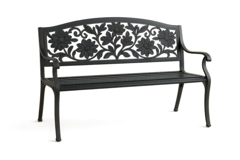 Banco de jardín de hierro fundido negro con diseño floral