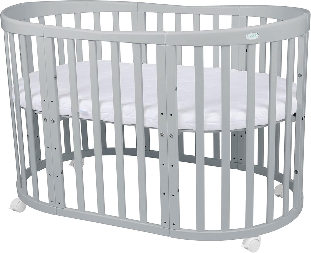 Cuna ovalada evolutiva Waldin, set completo 7 en 1, cuna de barrotes, cama infantil con colchón, cambiador, cuna colecho, madera blanca