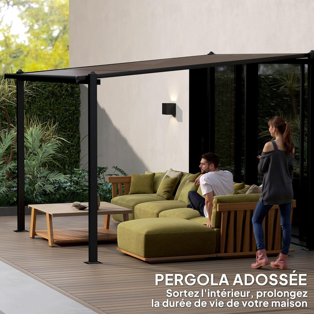 Pérgola de jardín Outsunny para exteriores de aluminio, 3 x 3 m, pérgola adosada con techo de policarbonato impermeable, sistema de drenaje, cenador con protección solar UPF30+ para terraza, patio y jardín, gris