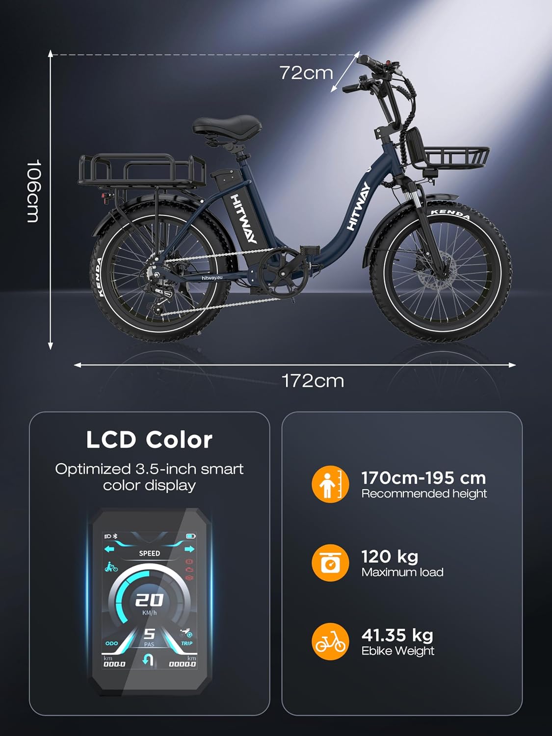 Bicicleta eléctrica HITWAY BK6S Plus con batería de 48V 27Ah y autonomía de 110-150 km, bicicleta eléctrica urbana con neumáticos gruesos de 20 pulgadas y doble cesta portaequipajes, motor de 250W, 25 km/h, cambio de 7 velocidades