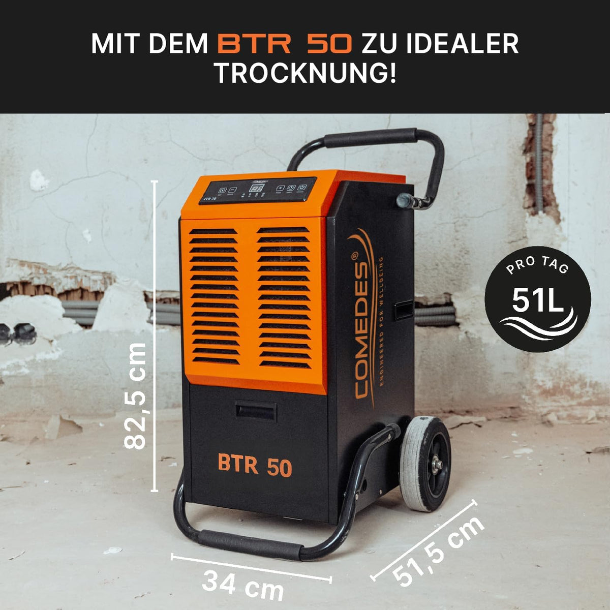 Deshumidificador Comedes BTR 50 (máx. 51 litros / 24h) adecuado para habitaciones y sótanos de hasta 100 m² / 230 m³