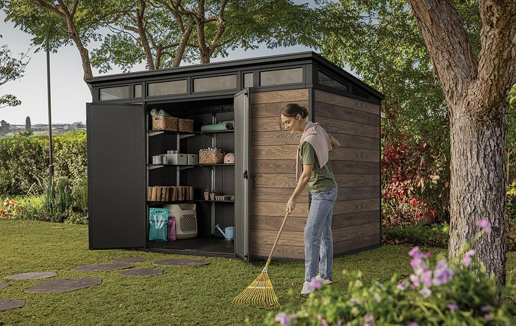Caseta de jardín Keter Signature 11x7, cobertizo de resina con aspecto de madera, 340x218x226 cm, con cerradura y suelo incluido