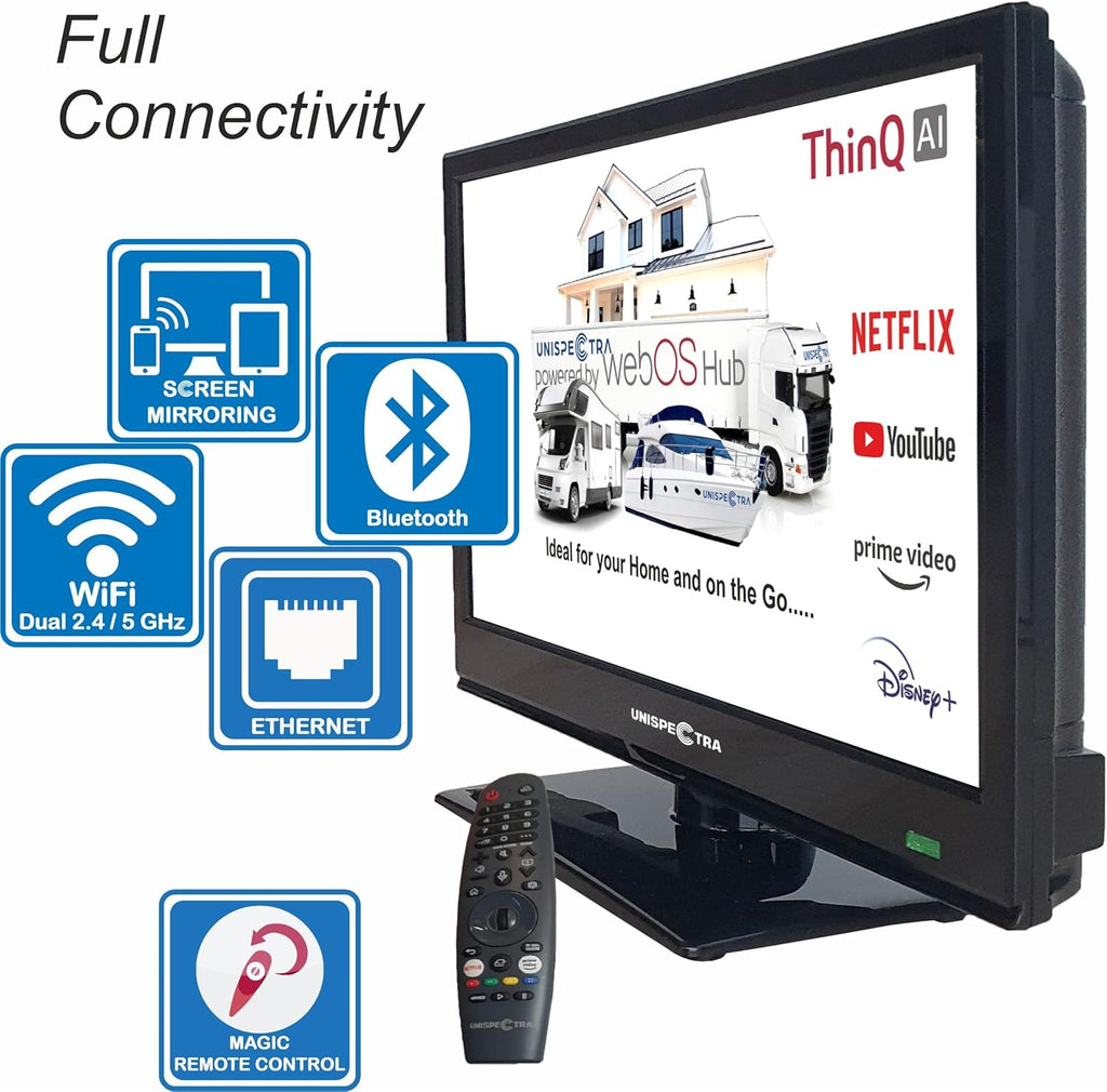 Smart TV Unispectra® de 16” (webOS) Full HD 230V 24V, triple sintonizador: satélite, antena, televisión por cable, 3xHDMI, 2xUSB, Magic Remote. Televisor de 12V para autocaravanas, caravanas, camiones, furgonetas y barcos.