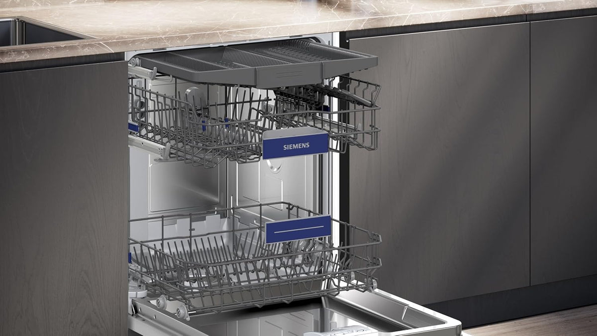 Siemens SN43ES06VE, lavavajillas inteligente iQ300, lavavajillas integrable bajo encimera, 60 cm, tercera bandeja para cubiertos, apertura automática de puerta, rackMatic de 3 niveles, extra silencioso, intensiveZone, varioSpeed, aquaStop