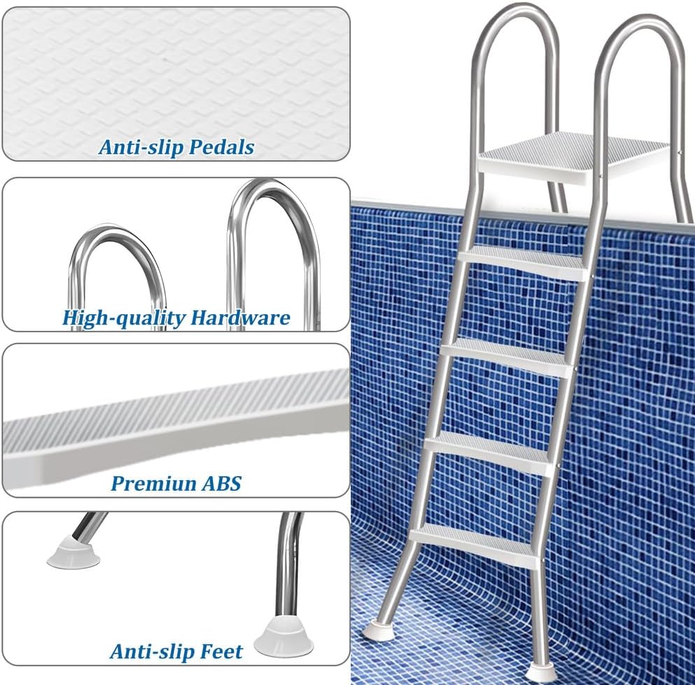 Escalera de piscina de acero inoxidable de 4 peldaños, escalera para piscina elevada, escalera de 132 cm de altura, peldaños de piscina para piscinas elevadas, escalera de piscina con capacidad de carga de 250 kg