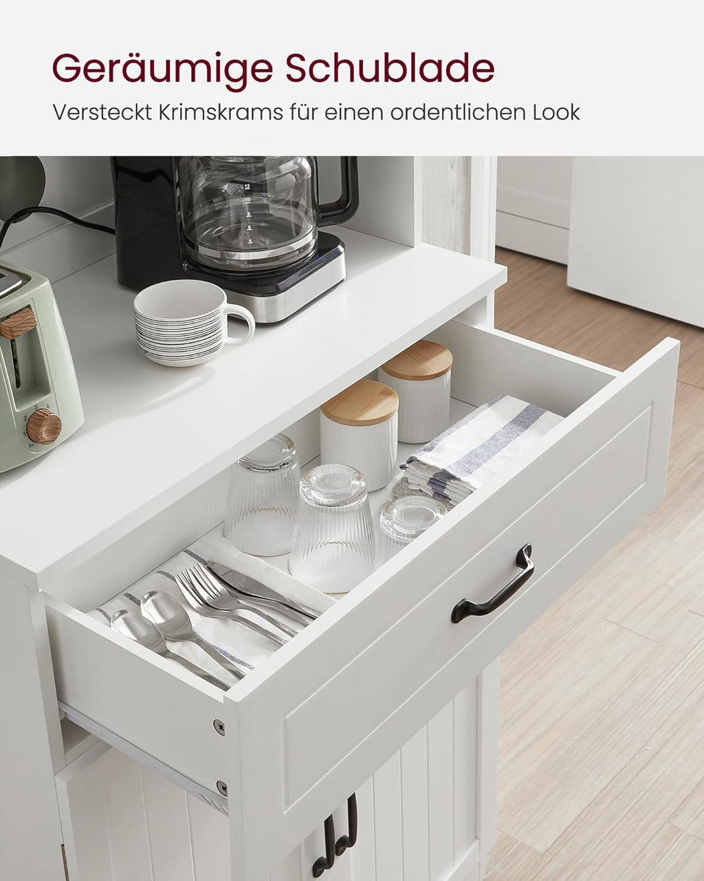 VASAGLE Armario de cocina, armario multiusos, armario de despensa, con estantes ajustables, apto para microondas, cajón, puertas de cristal, orificio para cables, estilo moderno, blanco LSC361W21