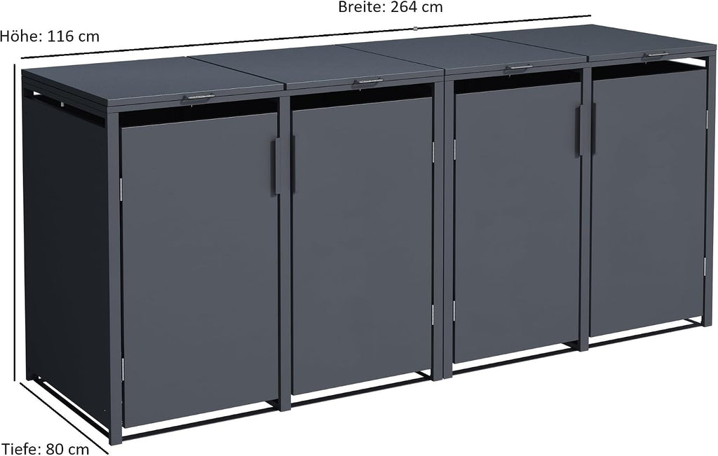 DEGAMO Mülltonnenbox, cobertizo para 4 cubos de basura MÜNCHEN para 4 cubos de 120 y 240 litros, acero galvanizado, color antracita