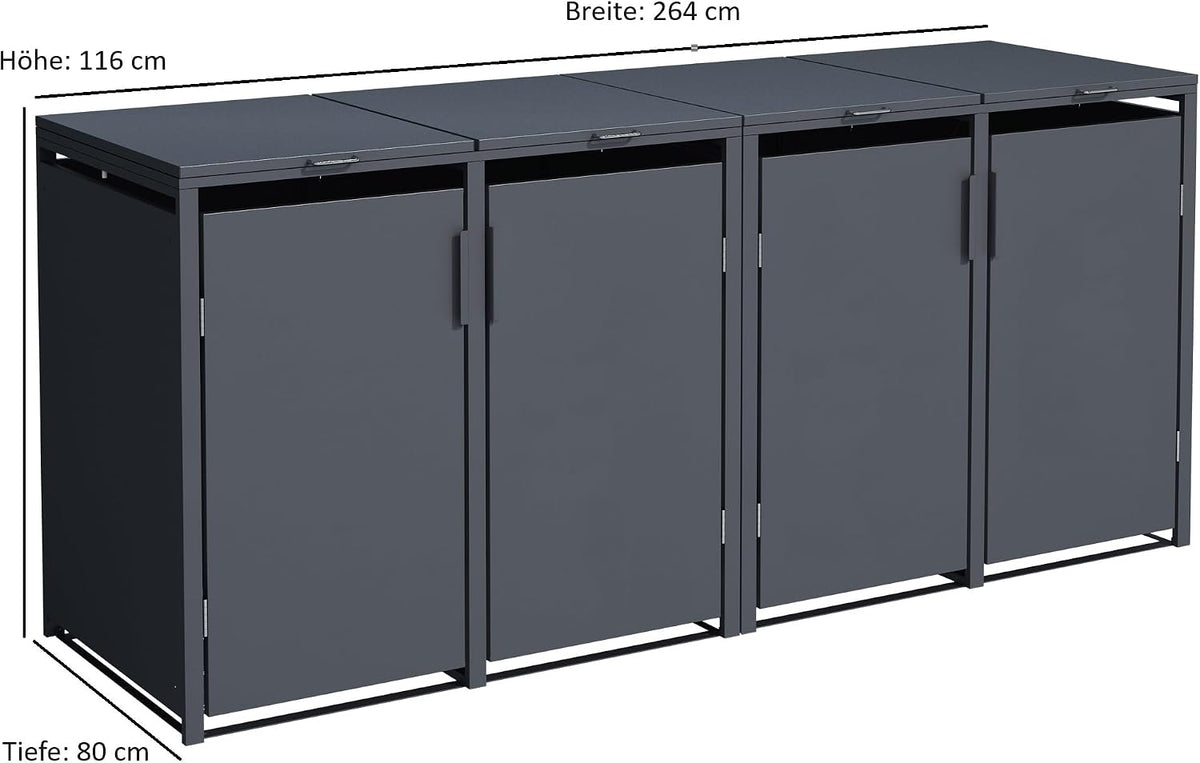 DEGAMO Mülltonnenbox, cobertizo para 4 cubos de basura MÜNCHEN para 4 cubos de 120 y 240 litros, acero galvanizado, color antracita